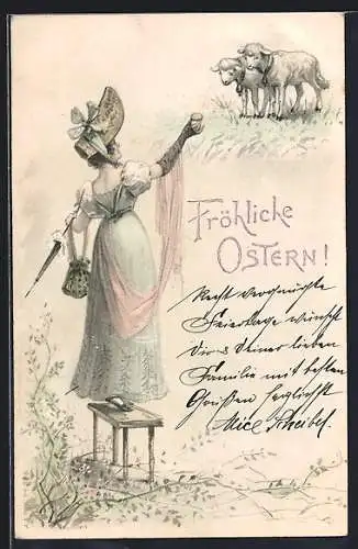 AK Fräulein mit Osterei und Lämmern, Ostergruss, Biedermeier