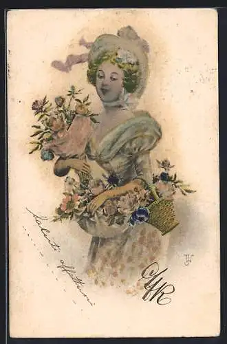 AK Fräulein mit Blumenkorb im Biedermeierstil