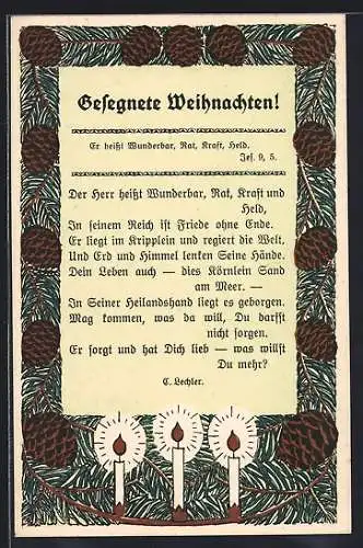 AK Tannenzweige mit Kerzen, Er heisst Wunderbar, Rat, Kraft, Held, Jes. 9.5, Sinnspruch