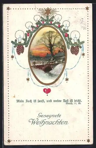 AK Brücke in Winterlandschaft, Mein Joch ist sanft, und meine Tag ist leicht, Matth. 11.30, Sinnspruch, Weihnachtsgruss