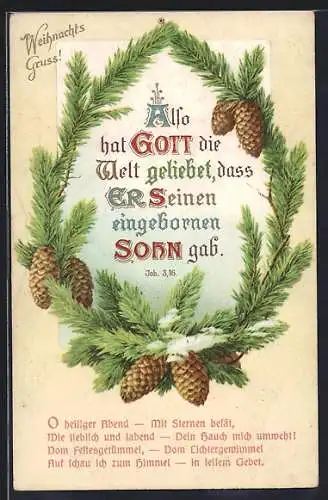 AK Tannenzweige mit Tannenzapfen, Also hat Gott die Welt geliebet..., Joh. 3.16, Sinnspruch, Weihnachtsgruss