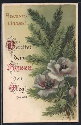 AK Tannenzweig mit Mohnblumen, Bereitet dem Herrn den Weg!, Jes. 40.3, Sinnspruch, Advents-Gruss