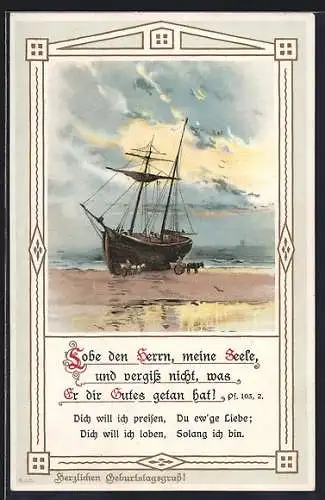 AK Segelschiff im Dock, Lobe den Herrn, meine Seele..., Ps. 103.2, Sinnspruch, Geburtstagsgruss