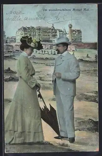 AK Fräulein mit Schirm und Herrn im Mai
