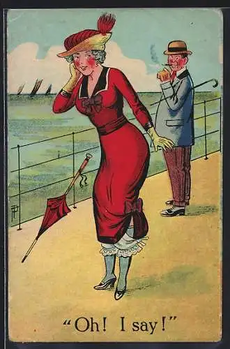 AK Herr schaut einer Dame mit Schirm nach