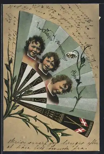 AK Drei Kleinkinder auf einem Fächer