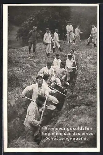 AK Ravensburg, Dorn`sche Verlagsbuchhandlung, Armierungssoldaten beginnen den Bau eines Schützengrabens