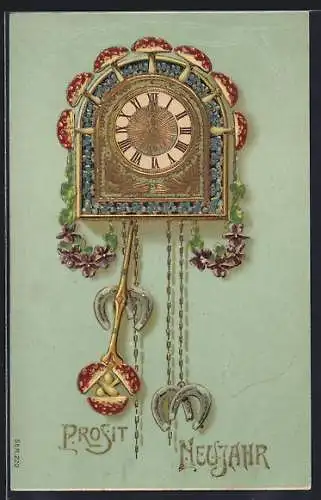 Präge-AK Wanduhr mit Fliegenpilzen und Hufeisen, Neujahrsgruss