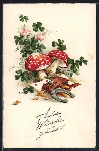 AK Geldbörse mit Hufeisen und Fliegenpilzen, Neujahrsgruss