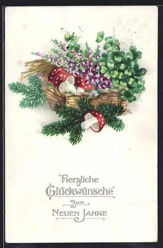 AK Fliegenpilze mit Kleeblättern und Tannenzweigen, Neujahrsgruss