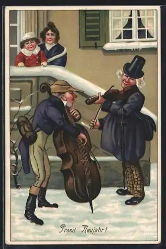 AK Musiker mit Cello und Geige auf der Strasse im Winter, Neujahrsgruss