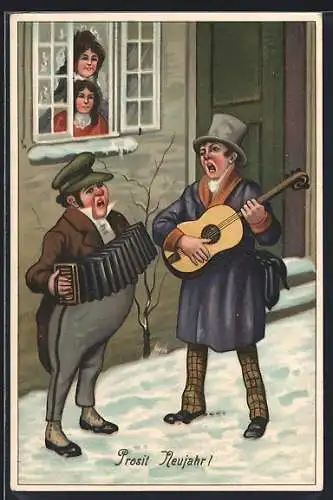 AK Zwei Musikanten mit Ziehharmonika und Gitarre auf der Strassen, Neujahrsgruss