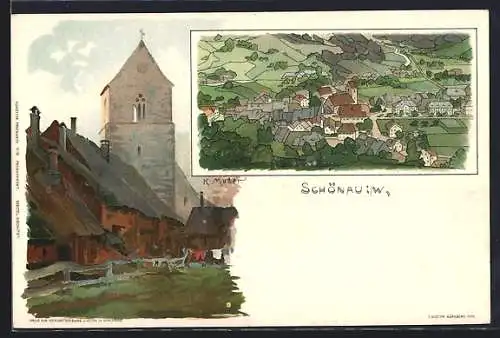 Künstler-AK Heinrich Kley: Schönau / W., Partie im Ort, Totalansicht