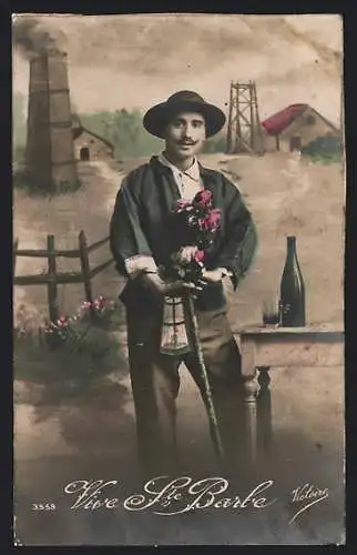 AK Ste Barbe, Arbeiter im Bergbau mit Lampe und Blumen