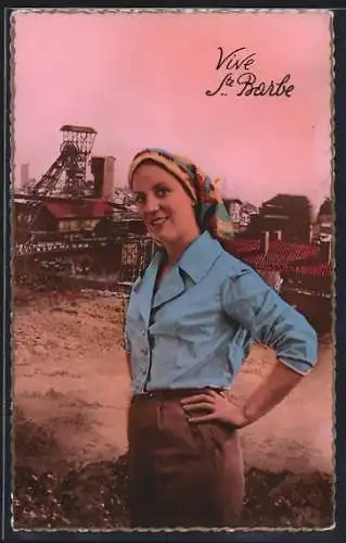 AK Ste Barbe, Frau in Bluse vor Bergwerk, Bergbau