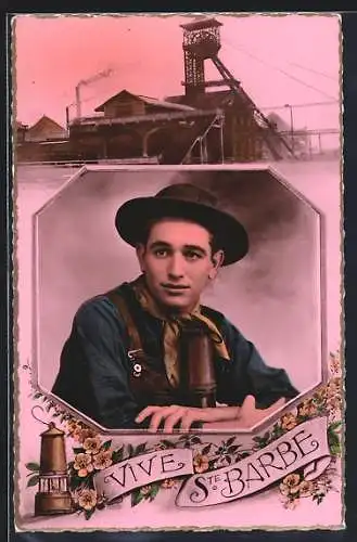 AK Ste Barbe, Bergarbeiter mit Lampe, Bergwerk, Bergbau