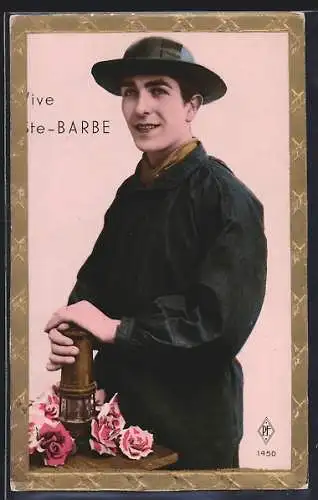 Präge-AK Ste Barbe, Bergarbeiter mit Lampe, Bergbau