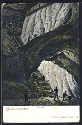 Künstler-AK Berchtesgaden, Bergwerk mit Bergarbeitern, Bergbau