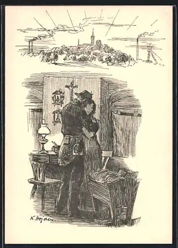 AK Bergarbeiter und Frau neben Wiege, Bergwerk, Bergbau