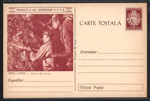 AK Romina, Traiasca a 40a Aniversare a P. C. R. 1961, Bergarbeiter im Schacht, Bergbau, Ganzsache