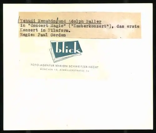 Fotografie Yehudi Menuhin und Adolph Baller im Film Concert Magic vom Regisseur Paul Gordon