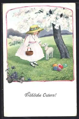 Künstler-AK sign. Pauli Ebner: Mädchen mit Osterlamm und Ostereiern unter blühendem Baum, Ostergruss