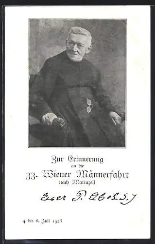 AK Wiener Männerfahrt nach Mariazell 1925, Portrait eines Priesters
