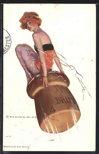 Künstler-AK sign. Lou Mayer: Junge Dame im Abendkleid auf einem hochschiessendem Champagnerkorken