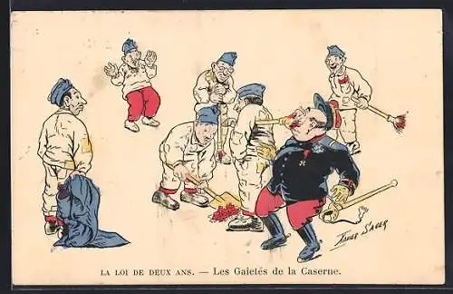 Künstler-AK Xavier Sager: La loi de deux ans, Les Galetes de la Caserne