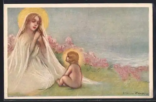 Künstler-AK A. Zandrino: Maria mit Jesus als Kleinkind, Rosen