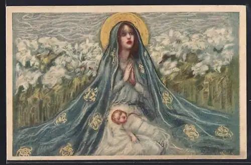 Künstler-AK A. Zandrino: Betende Maria und Kind auf einem Feld mit Blumen