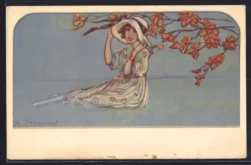 Künstler-AK A. Zandrino: Junge Dame mit Hut unter einem Baum im Herbst