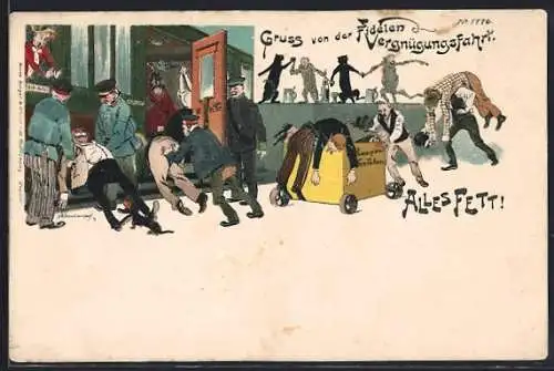 Künstler-Lithographie Erich Kleinhempel: Fidele Vergnügungsfahrt, Alles Fett!