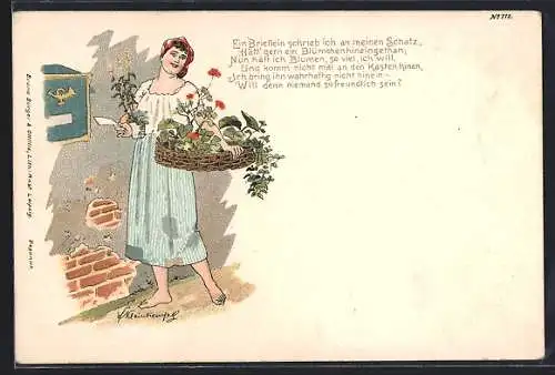 Künstler-Lithographie Erich Kleinhempel: Junge Frau mit Blumenkorb und Brief vor dem Briefkasten, Gedicht
