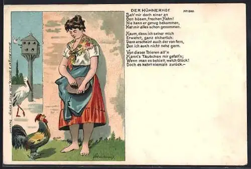 Künstler-AK Erich Kleinhempel: Der Hühnerhof, Junge Frau im Dirndl mit Huhn und Storch, Gedicht