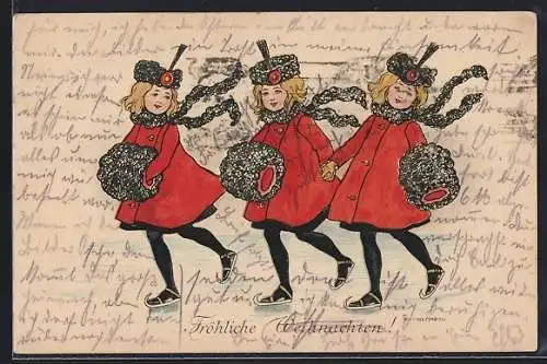 Künstler-AK Florence Hardy: Drei kleine Schlittschuhläuferinnen mit Muff, Weihnachtsgruss