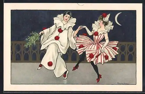 Künstler-AK Florence Hardy: Harlekin mit Harlekindame beim nächtlichen Tanz, Mondsichel