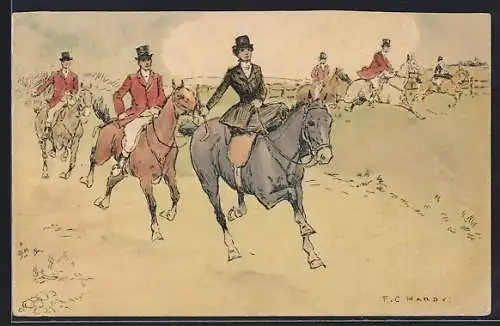 Künstler-AK Florence Hardy: Reiter und Reiterin beim Ritt über ein Feld