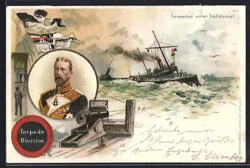 Künstler-Lithographie A. Heide: Torpedo Division, Prinz Heinrich von Preussen