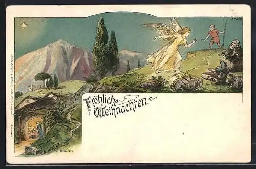 Künstler-AK Michaelis: Weihnachtsengel und Hirte auf der Weide, Weihnachtsgruss