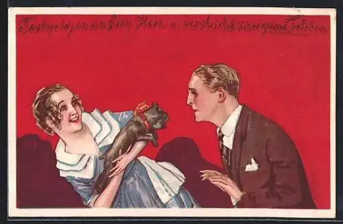 Künstler-AK Mauzan: Elegantes junges Paar mit Hundewelpen