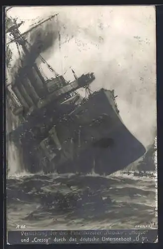 Künstler-AK Willy Stoewer: Vernichtung der drei Panzerkreuzer Aboukir, Hogue und Cressy durch das deutsche U-Boot U 9