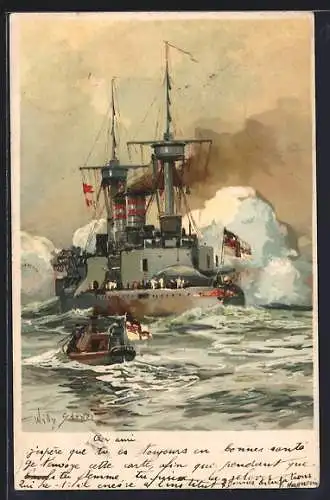 Künstler-AK Willy Stoewer: Kriegsschiff bei einer Schiessübung in See