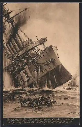 Künstler-AK Willy Stoewer: Vernichtung der drei Panzerkreuzer Aboukir, Hogue und Cressy durch das deutsche U-Boot U 9
