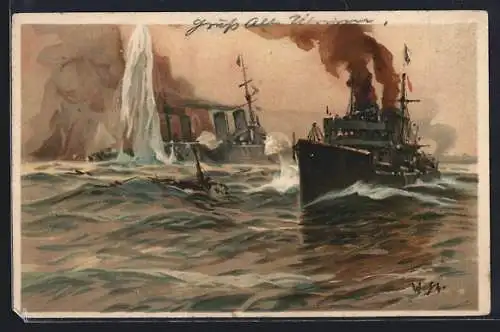 Künstler-AK Willy Stoewer: Englisches Schlachtschiff wird von einem deutschen Torpedoboot torpediert