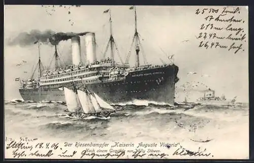 Künstler-AK Willy Stoewer: Riesendampfer Kaiserin Auguste Victoria auf hoher See