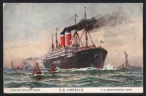 Künstler-AK Willy Stoewer: S.S. America mit Schleppern in Küstennähe