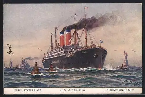 Künstler-AK Willy Stoewer: S.S. America mit Schleppern in Küstennähe