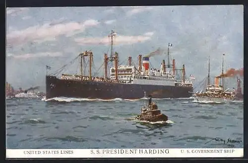 Künstler-AK Willy Stoewer: Passagierschiff S. S. President Roosevelt bei der Ausfahrt aus dem Hafen