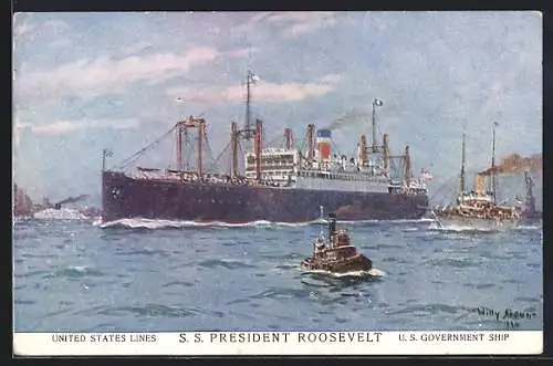 Künstler-AK Willy Stoewer: Passagierschiff S. S. President Roosevelt bei der Ausfahrt aus dem Hafen